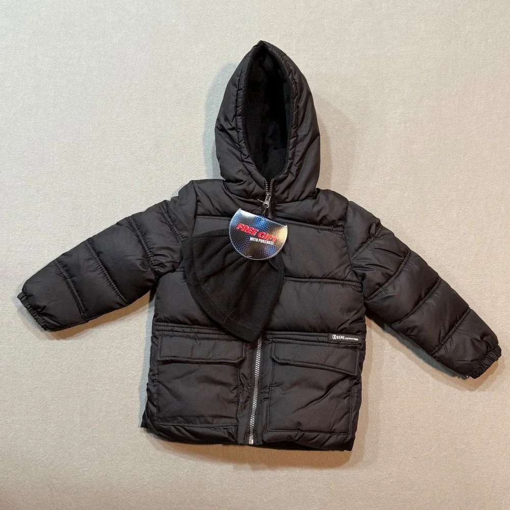 iXtreme Outfitters Puffer Hooded Black Jacket Bonus Hat Boys Size 4T